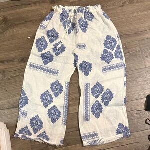 Puro Lino Italian Linen Blue & White Print Pants Made in Italy NWT